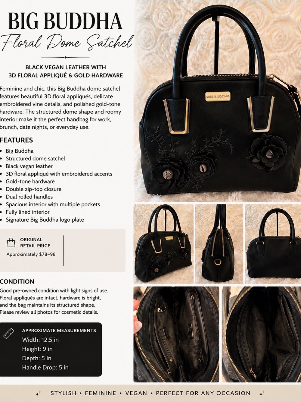 Big Buddha Black Floral Appliqué Dome Satchel with Gold Hardware